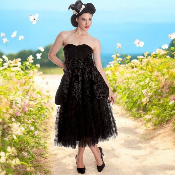 Spin Dr. Gothic Tulle Gown Dress • Skull & Vine Print • Black Formal Dress - Picture 1 of 6